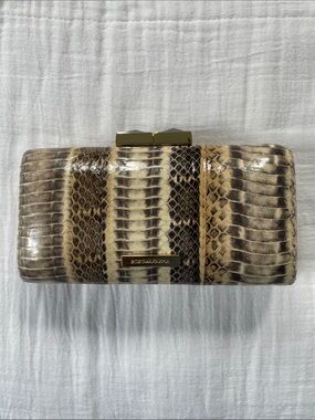 BCBGMaxAzria Taupe and Cream Python-Pattern Clutch with Gold Hardware